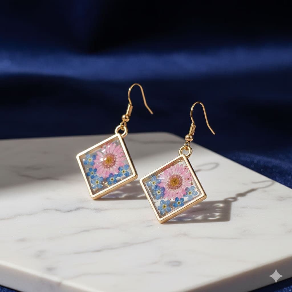 Square Resin Drop Earrings | Gold Tone Botanical Floral Jewelry | Unique Daisy Forget-Me-Not Gift